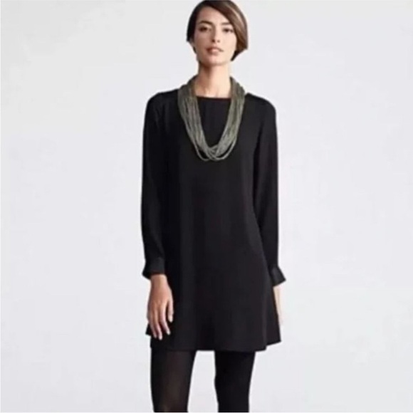 Eileen Fisher Long Sleeve Silk Bateau Neck Tunic Dress in Black Size Extra Small - Picture 4 of 12